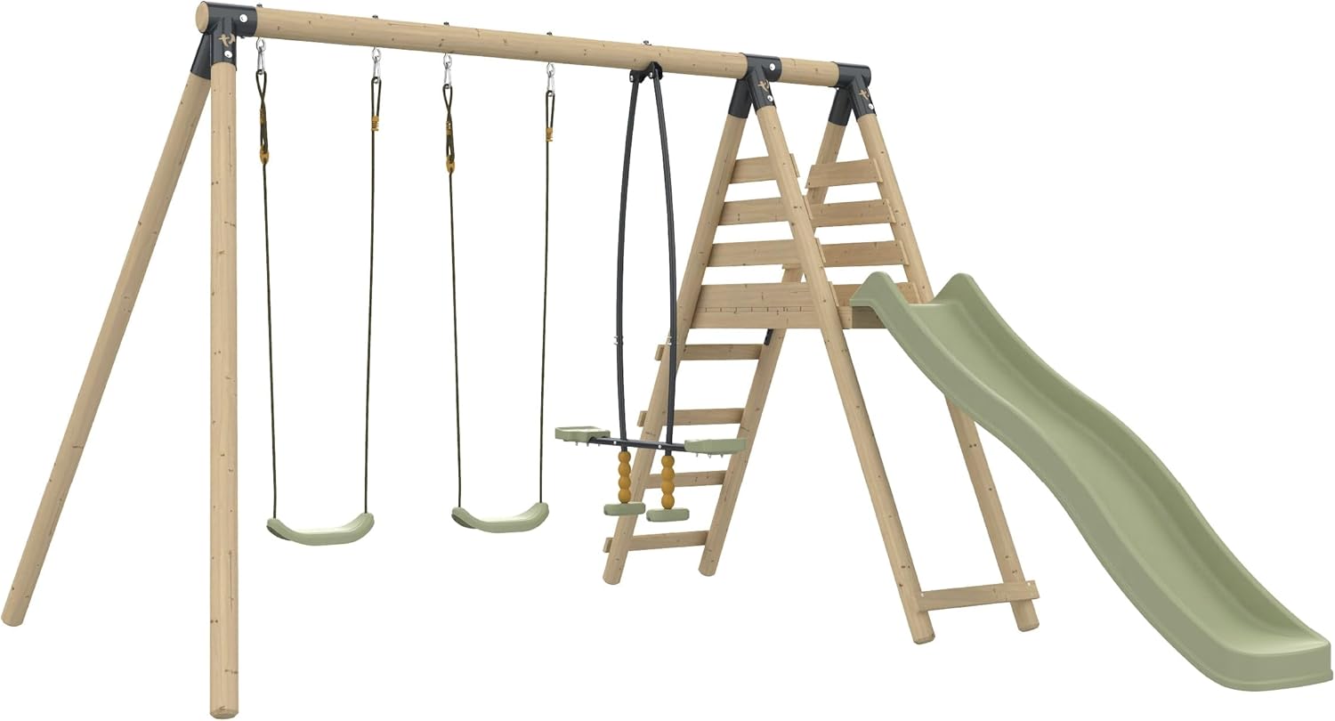 Station BARBOUZET 2 balançoires, Bois FSC® h224 cm – TP, Beige/Vert, vis-à-vis, Toboggan, kit d'ancrage
