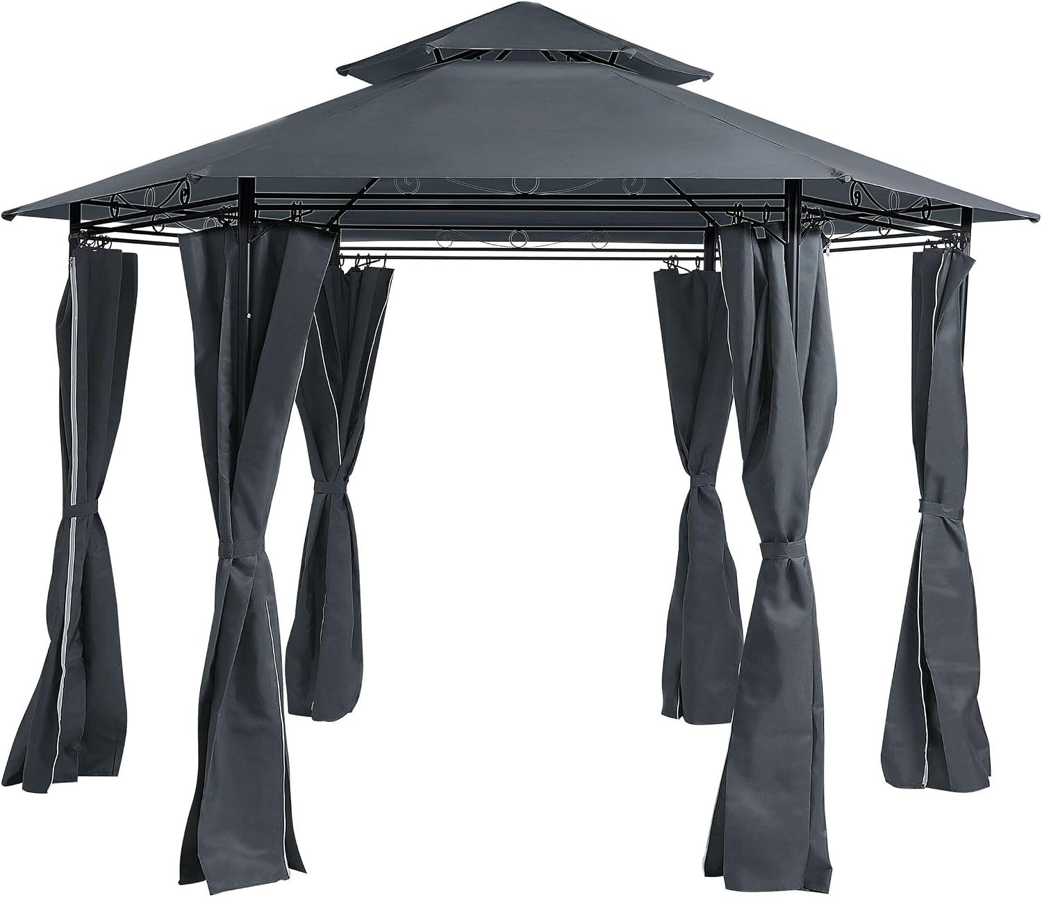 Beliani, Belvédère, Tonnelle Pavillon de Jardin Hexagonal Gris Foncé avec Rideaux Pratiques et Structure en, Gris Foncé