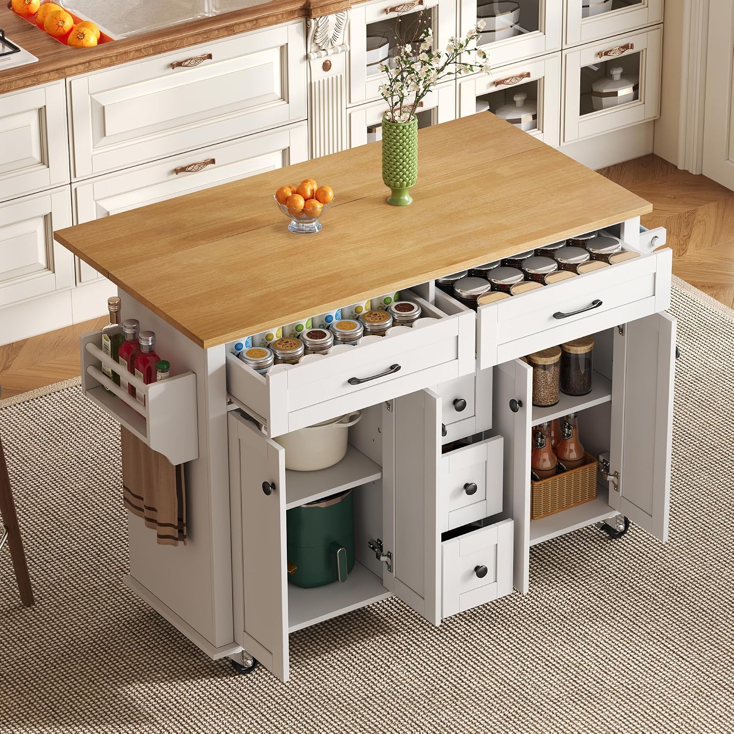 Buffet, 5 tiroirs et 2 armoires, îlot de cuisine mobile sur roulettes, Blanc/Bois – Bladez, porte-épices et serviettes