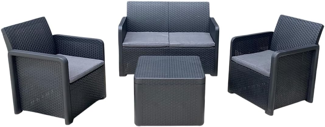 PEGANE, Salon de jardin, Salon Bas de Jardin de 4 Personnes Coloris Gris Anthracite (2 fauteuils, canapé, Table Basse Coffre, Gris Anthracite
