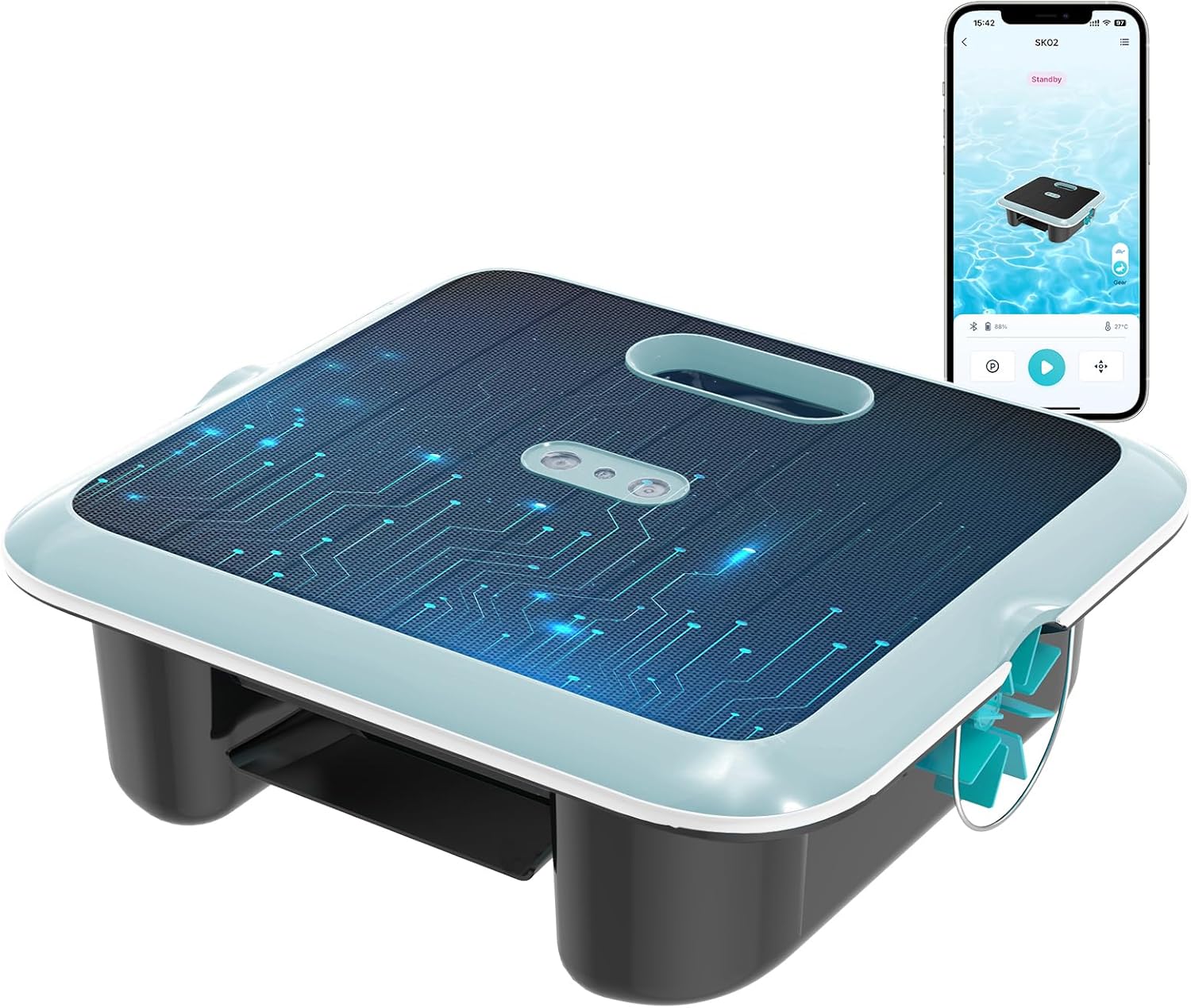 Pleco SK02 Robot Nettoyeur Skimmer Solaire de Surface Piscine, Upgrade 2026, Robot Piscine sans Fil, Noir/Bleu/Gris, Double Recharge, Contrôle App