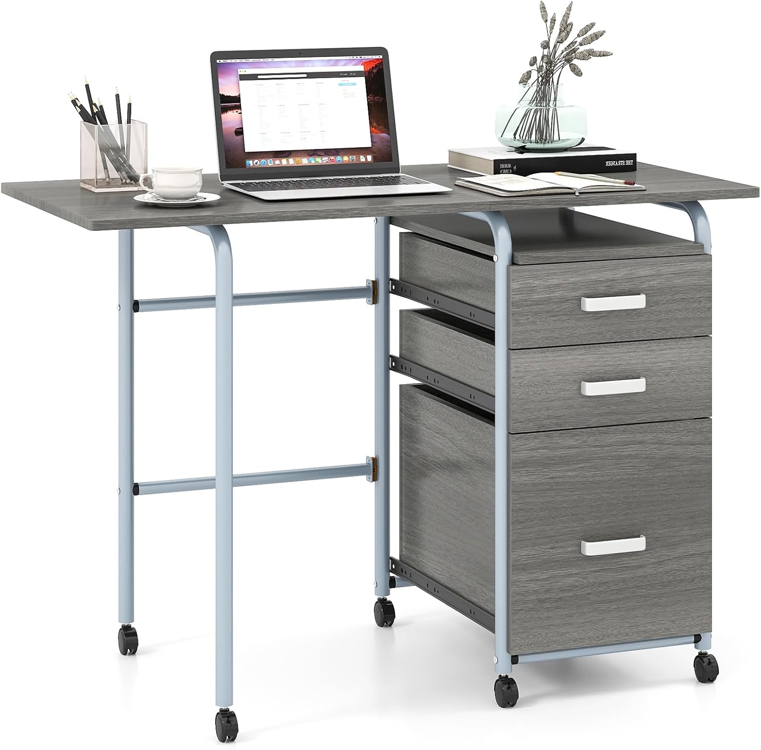COSTWAY, Bureaux, Bureau à Domicile Roulant avec Cadre en Métal, Gris/Bleu, Gris, Table d'Écriture Roues Verrouillables, Compact pour Dortoir