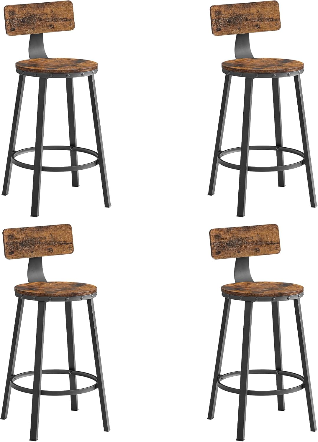 Tabouret, Siège de 62, 5 cm de Haut, avec Dossier, Chaise Bar Cuisine, Cadre en Acier – VASAGLE, Marron/Noir, Lot de 4