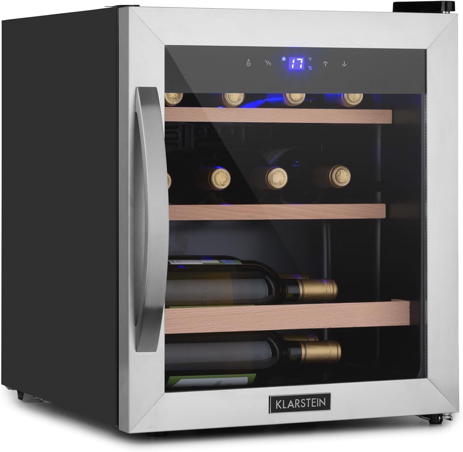 KLARSTEIN, 12 Bouteilles, Réfrigérateur à Vin avec Porte en Verre, 4-18°C, Noir/Argent, Cave a Vin, Cave à Vin de Vieillissement, Zone Unique