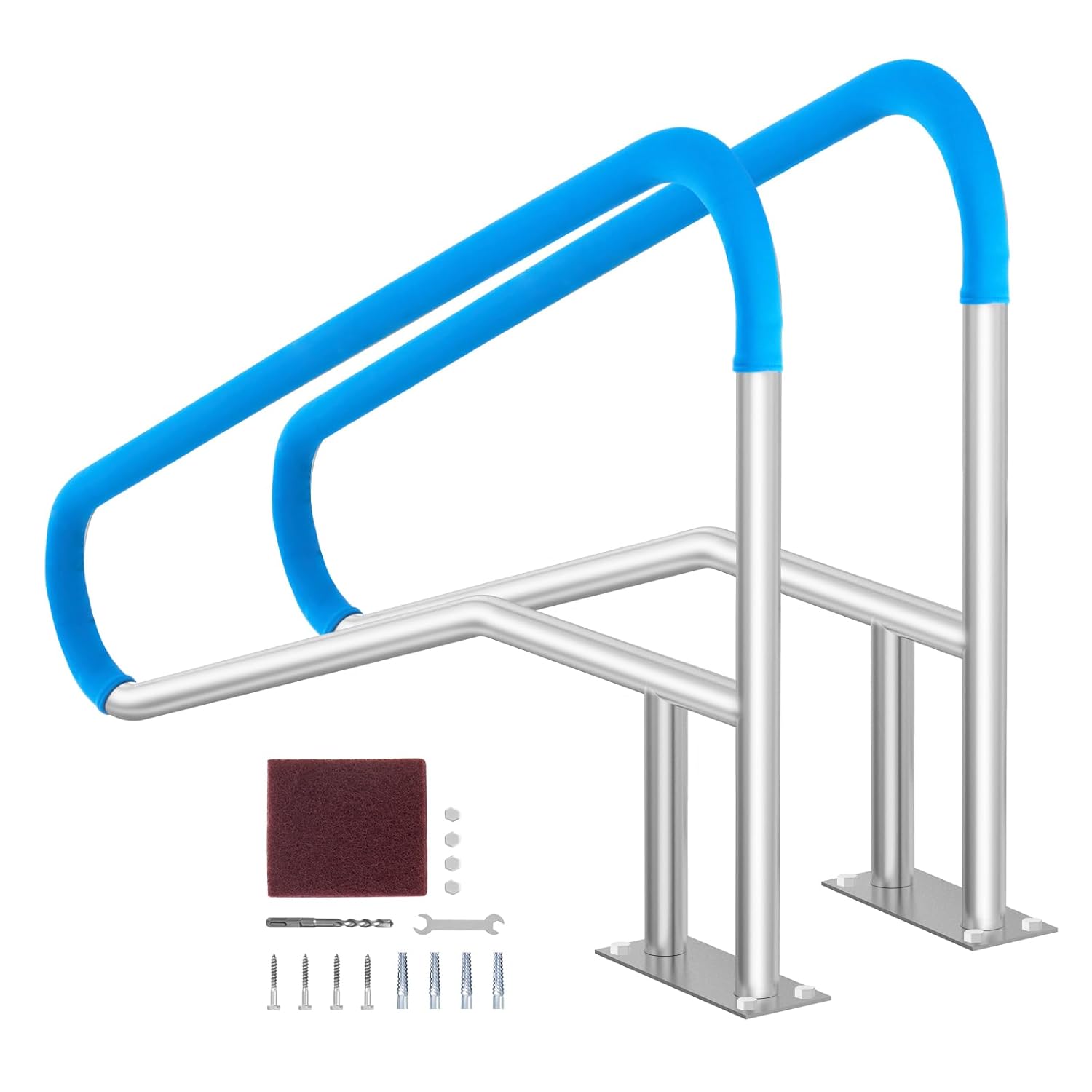 Rampe de piscine, 1395x810 mm, Main Courante Piscine Acier Inoxydable avec Plaque de Base, pour Piscines – VEVOR, Bleu/Argent, Spas