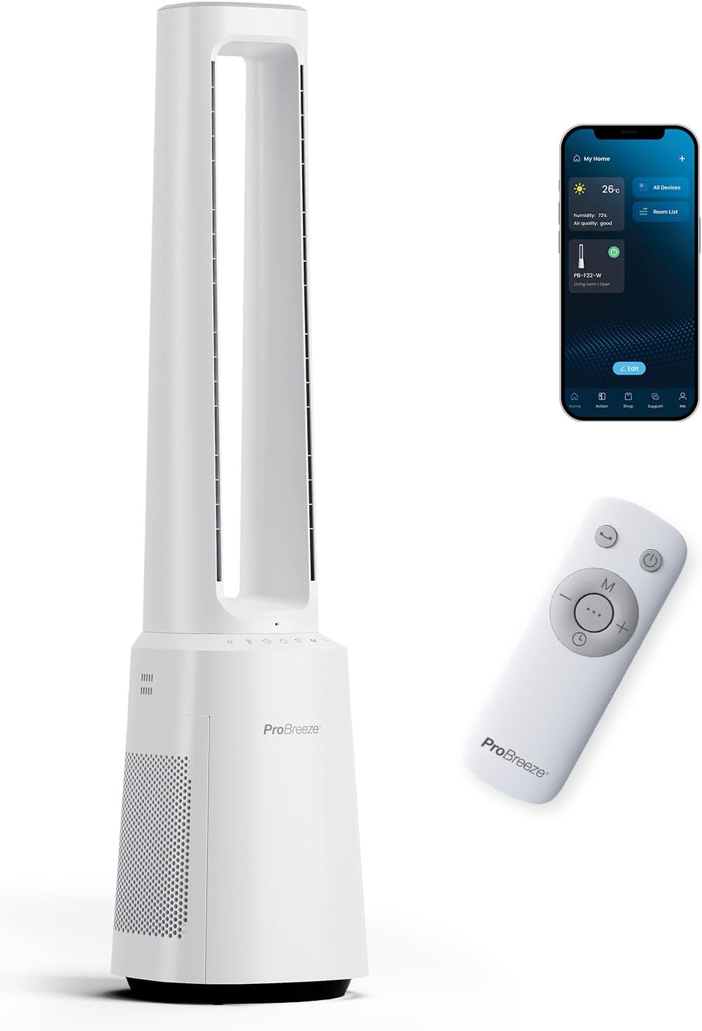 Pro Breeze OmniAir Ventilateur Colonne Purificateur d'Air, 10 Vitesses, Ventilateur Sans Pale 105cm Silencieux, Blanc, Télécommande