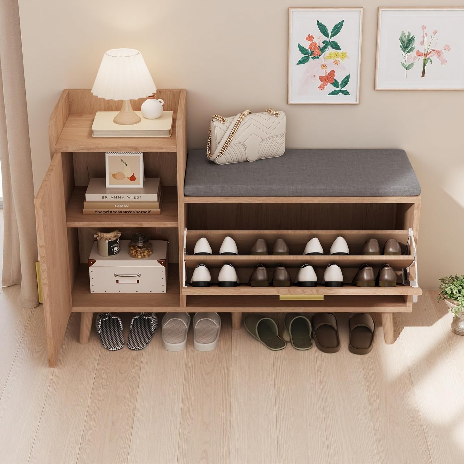 Banc de rangement, 100 x 30 x 69, 5 cm, étagère à chaussures avec 1 rabat et 2 compartiments, pour entrée, Bois/Gris – UTTQEW, couloir