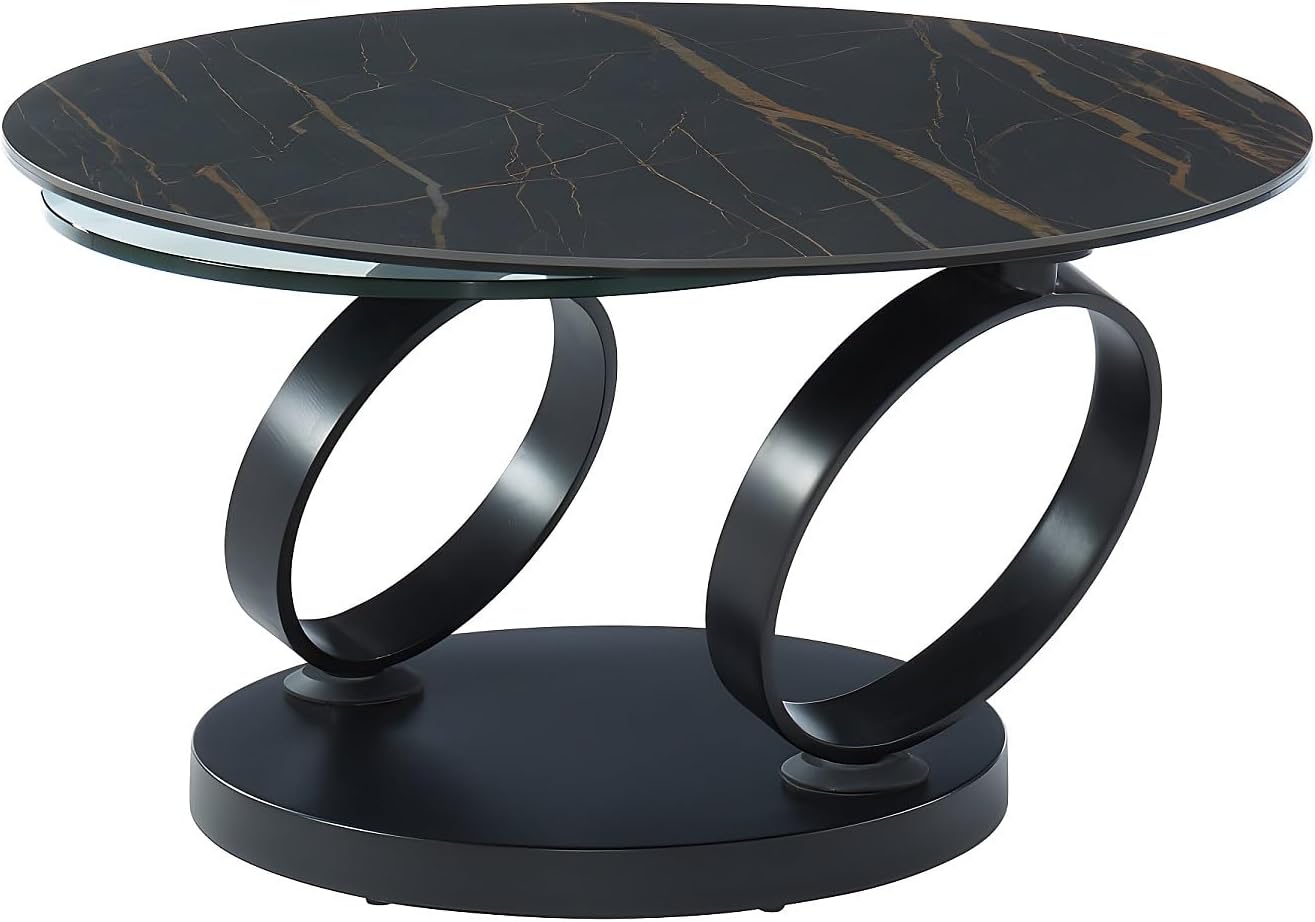 Table Basse avec Plateaux pivotants Joline, Céramique et Verre trempé – Vente-unique, Effet marbre Noir