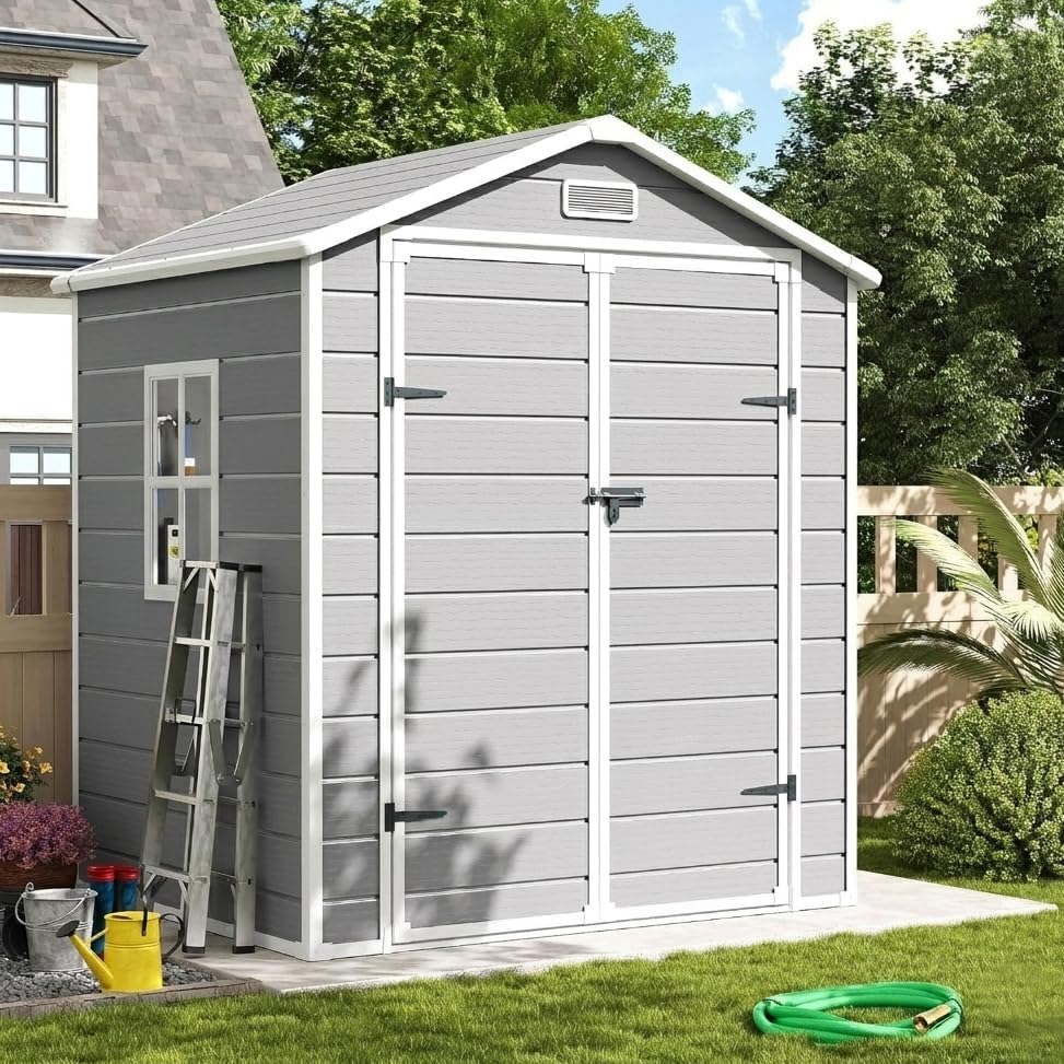 Abri de jardin, 3.9 m3, Cabane de Jardin Extérieur avec Toit Incliné Anti-Pluie, Porte Verrouillable pour Rangement Outils/Vélo