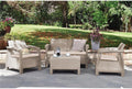 Salon de jardin, réalisé avec Finition tressée – Keter, composé de Deux fauteuils, canapé et Table Basse, Coussins Inclus