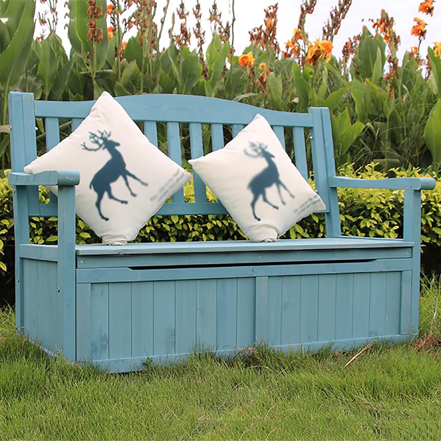 Banc de rangement de jardin, grande capacité de charge 400 kg, coffre de terrasse en bois avec dossier et accoudoir, Bleu/Blanc