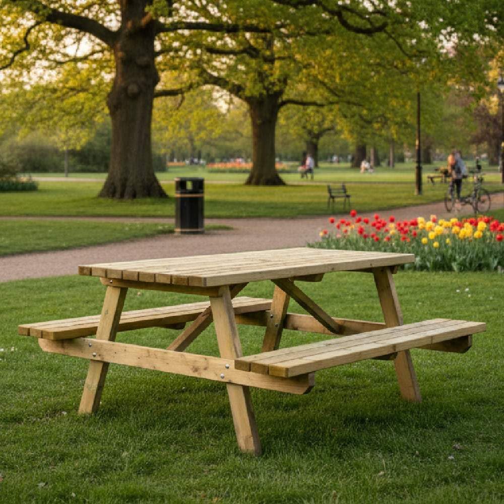 Table pique-nique en bois professionnel, épaisseur 44 mm, mobilier urbain et jardin – SUNWOOD, 180 x 165 cm, robustesse maximale