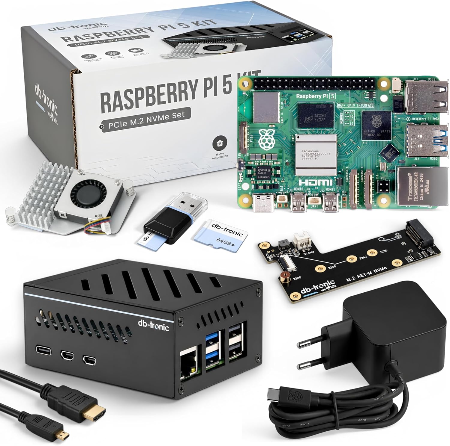 db-tronic, 1628, Alimentation 27 W, idéal pour Home Assistant et Le Smart Home, Noir, Édition 64 Go, SSD M.2 NVMe PCIe, Boîtier métal