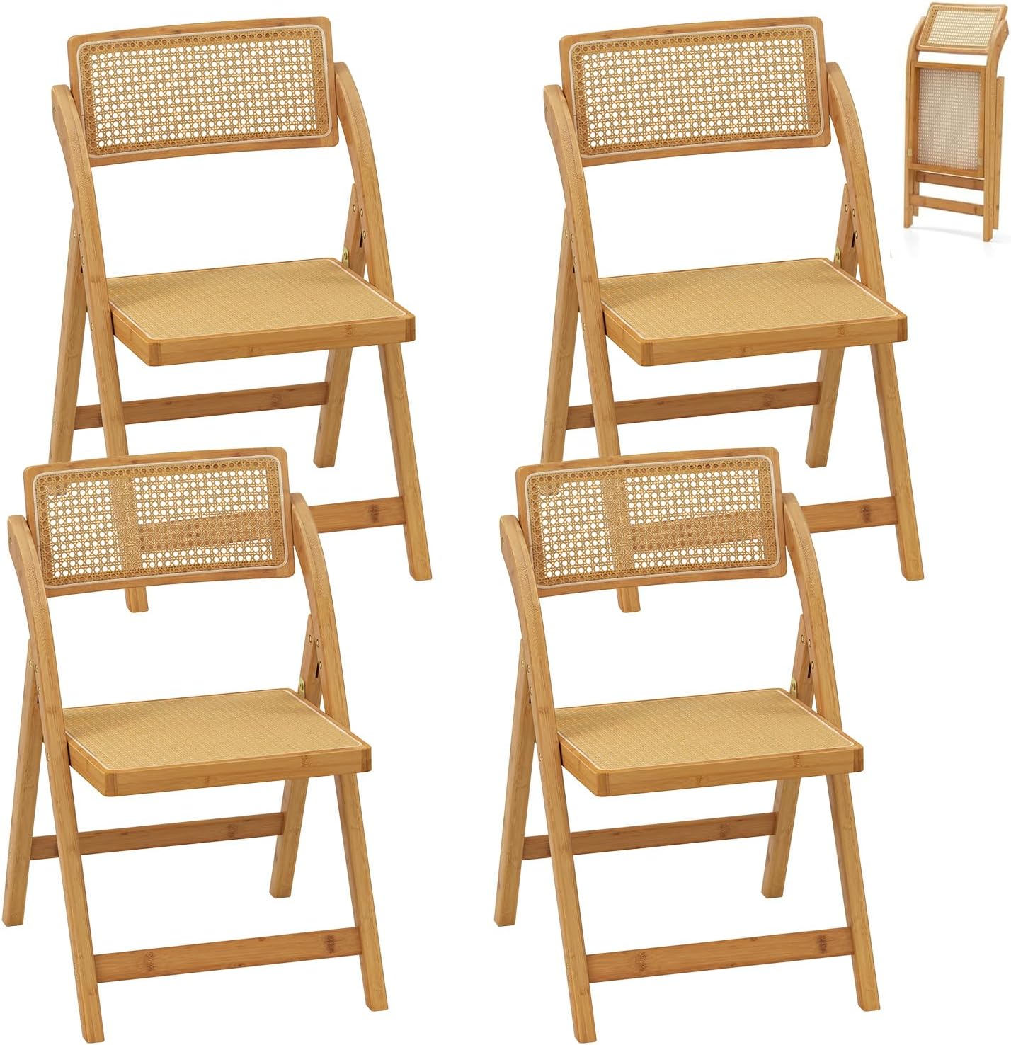 Lot de 4 Chaise Pliante Bois, Charge 150 kg, Chaises Rotin Salle à Manger avec Cadre en Bambou, pour Cuisine Salon (2) – RELAX4LIFE