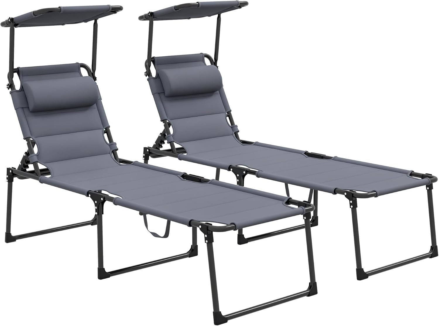Outsunny, Bain de soleil, Lot de 2 Bains de Soleil transats Pliables Grand Confort Dossier Pare-Soleil réglables, Gris